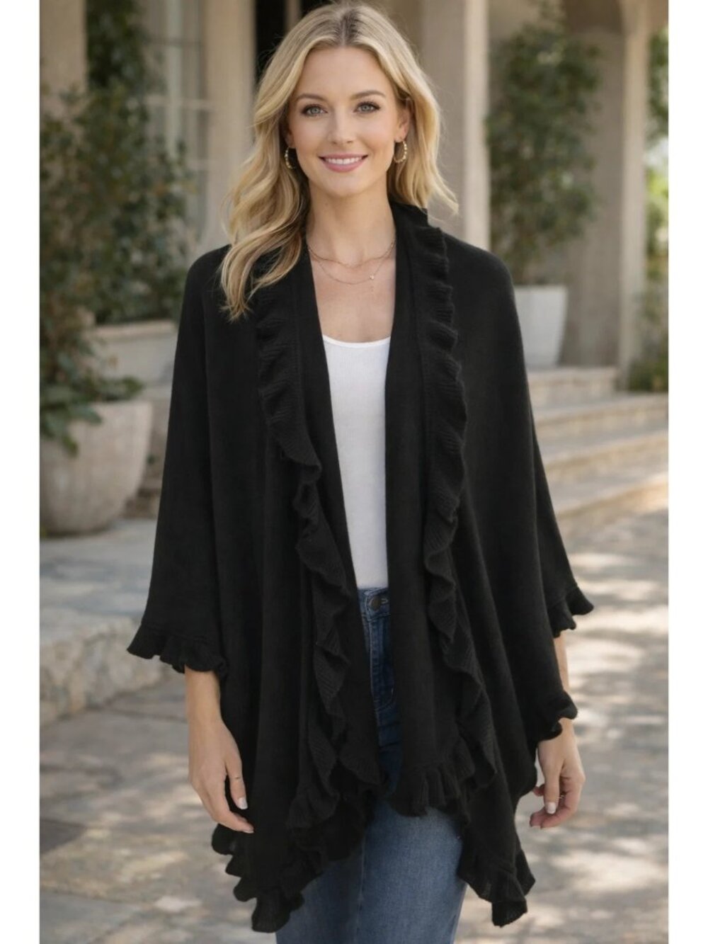 Jones New York NEW Black Shawl Cape Ruffle edge Sweater One Size